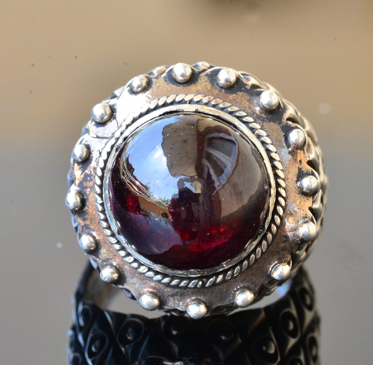 Silver Men's Ring with Natural Garnet Stone — 5