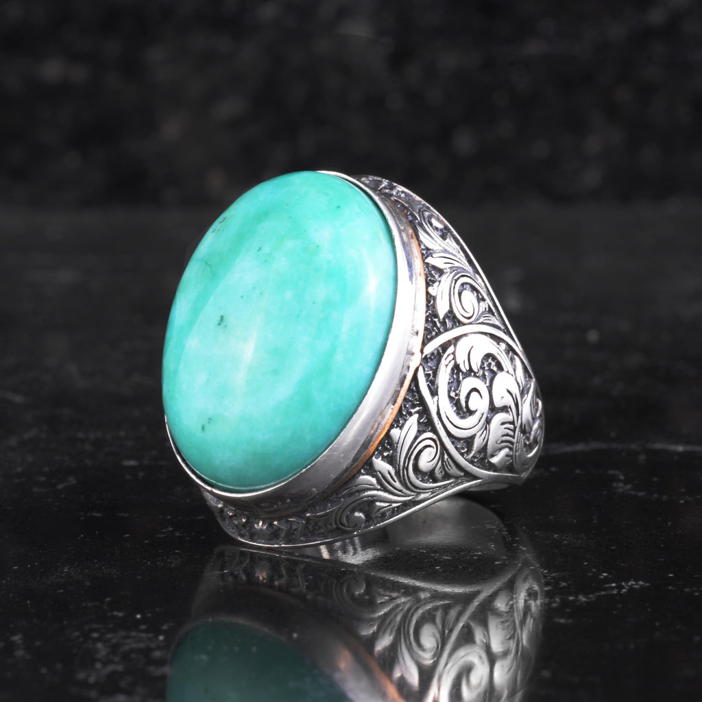 KAMBO Natural Amazonite Stone Large Men's Ring - Oval Blue Green Stone Vintage Engraved Statement Ring - 925 Sterling Silver Handmade Men's Jewelry — 3