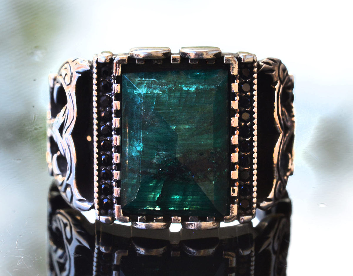 Natural Emerald Stone Silver Men's Ring — 5