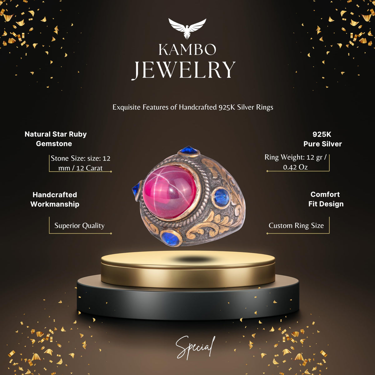 KAMBO Natural Star Ruby Stone Ring – 925 Sterling Silver Gold Plated Handmade Men's Ring – Round Stone Statement Jewelry — 2