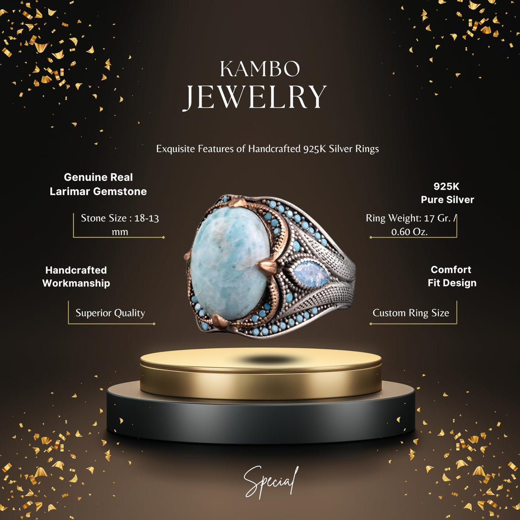 KAMBO Handmade Genuine Larimar Ring for Men, 925 Sterling Silver Art Deco Statement Ring, Vintage Blue Gemstone Jewelry,