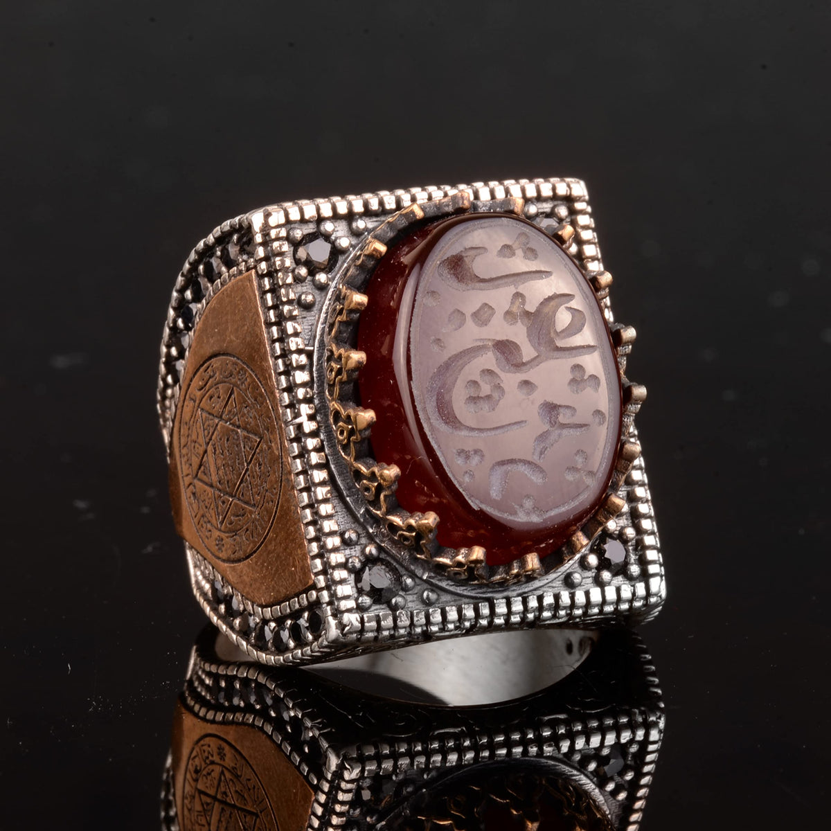 925 Sterling Silver Men's Ring, Islamic Men's Ring, Muslim Ring, Natural Agate Stone — 5