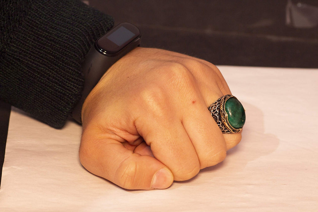 Natural Emerald Stone Ring - Men's Ring - 925 Sterling Silver Unique Design — 4