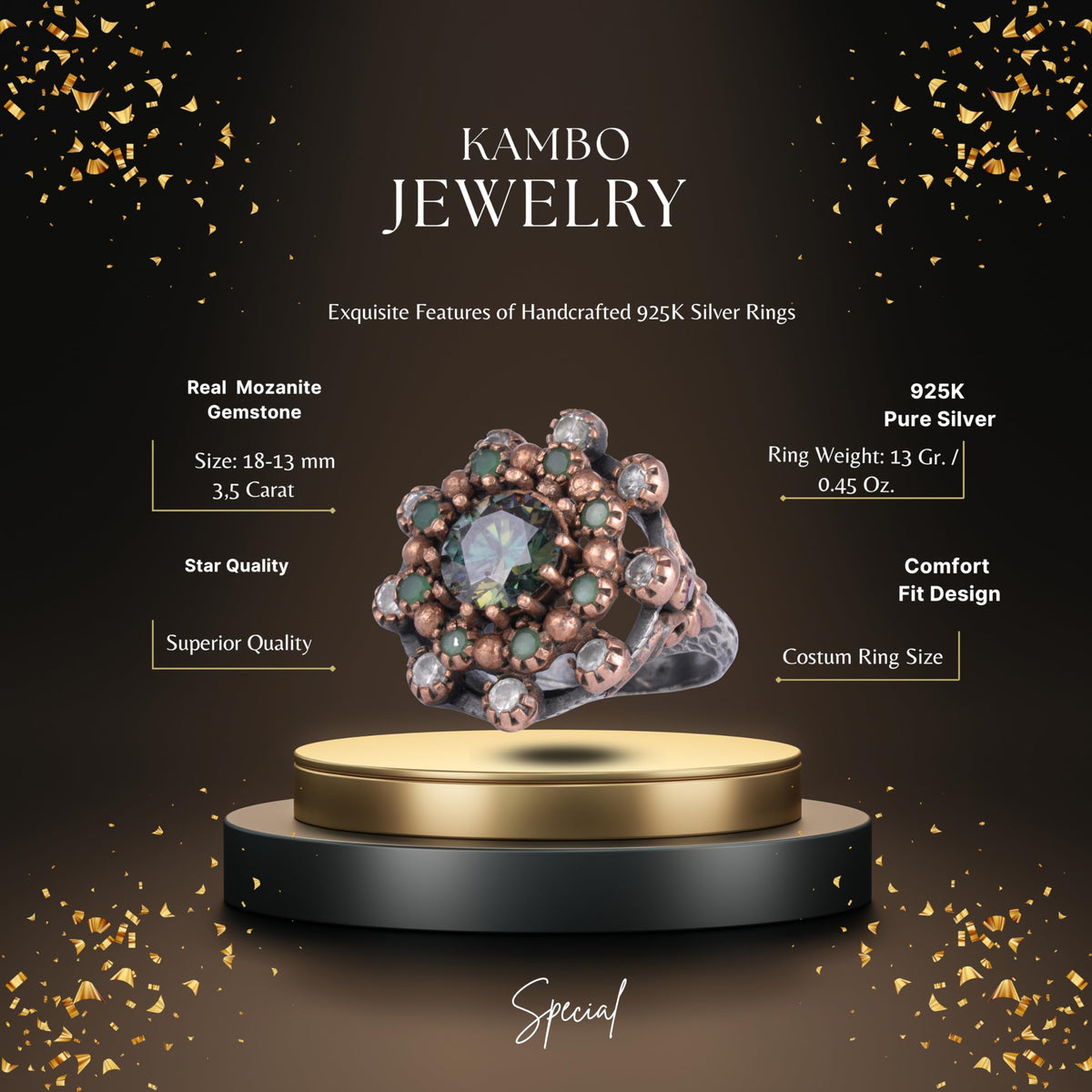 KAMBO Moissanite Stone Women's Ring – Flower Design Moissanite Stone Ring – 925 Sterling Silver Vintage Flower Style Elegant Women's Jewelry — 2
