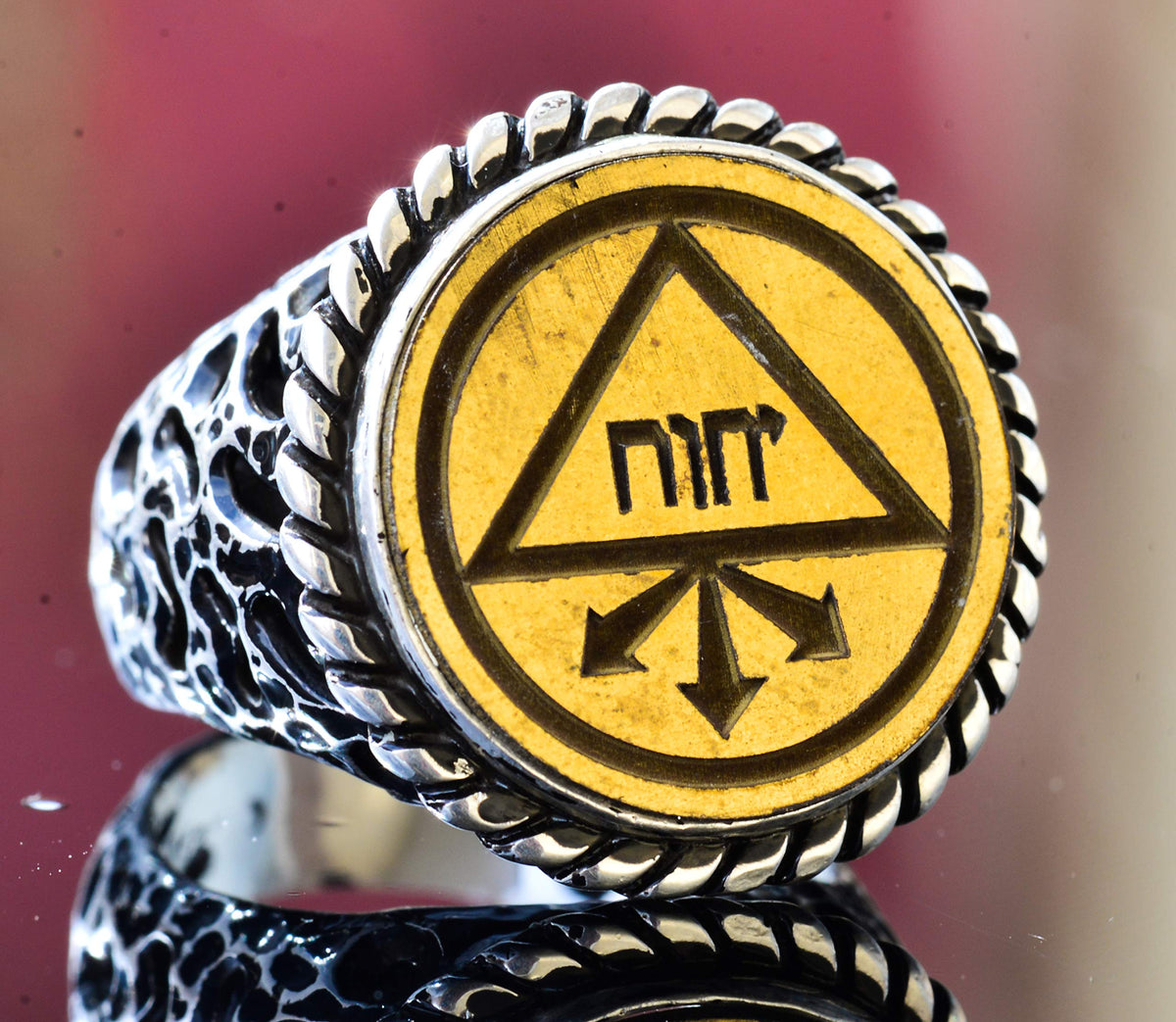 Men's Silver Ring - Hebrew Triangle Talisman with Gold Accent — 3