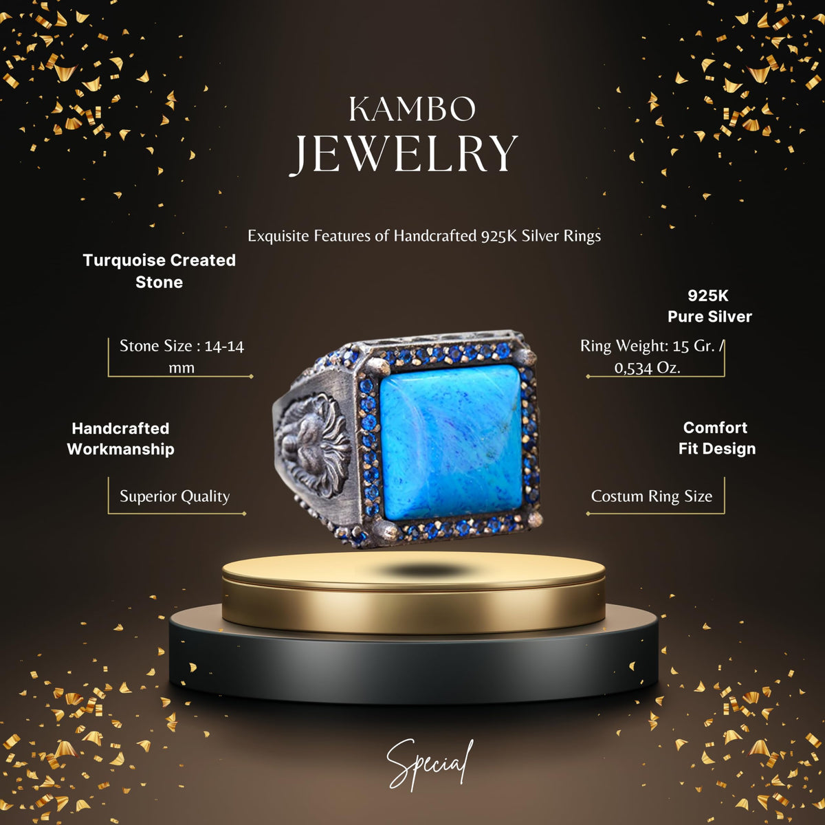 KAMBO Handmade 925 Sterling Silver Lion Ring for Men with Created Turquoise Stone, Vintage Animal Motif Statement Jewelr