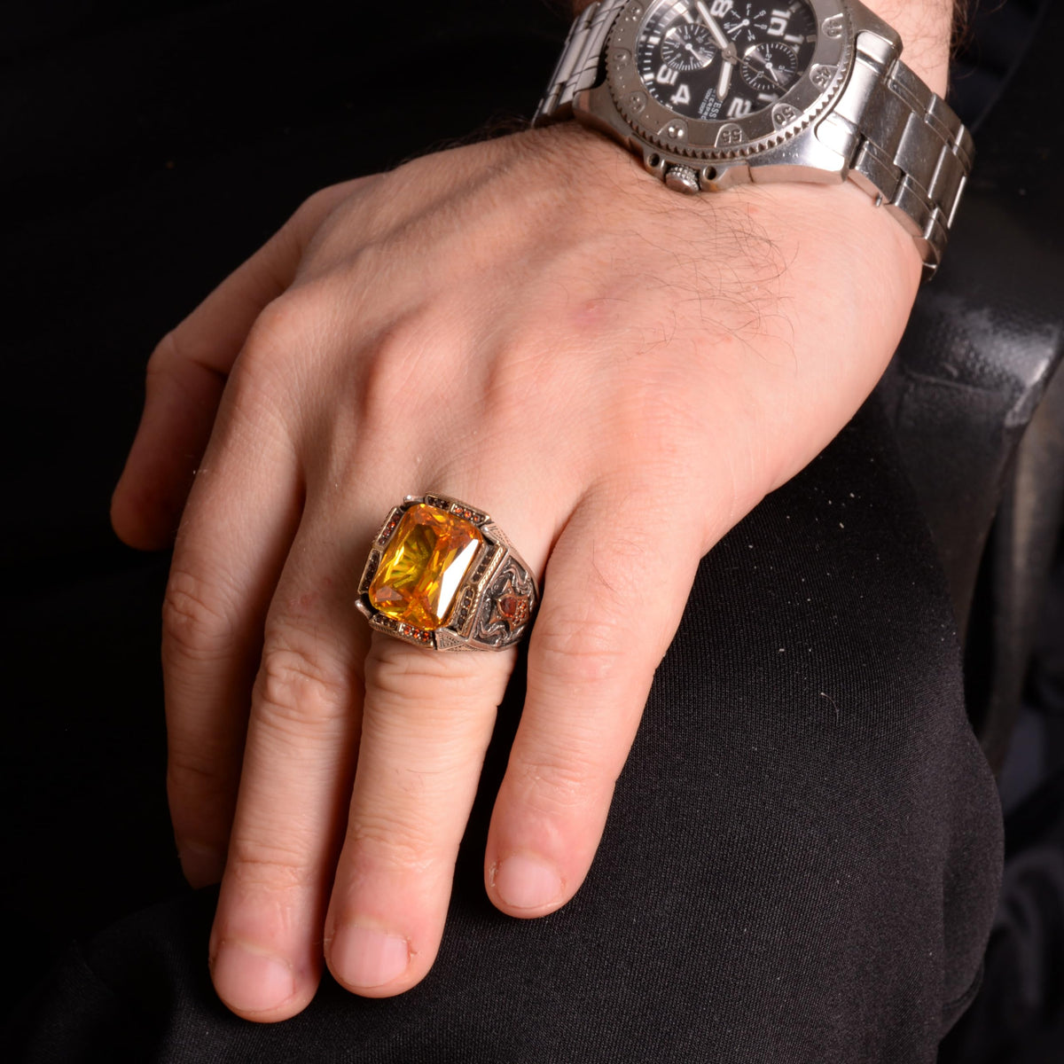 925 Sterling Silver Men's Ring, Ring with Artificial Citrine Stone — 3