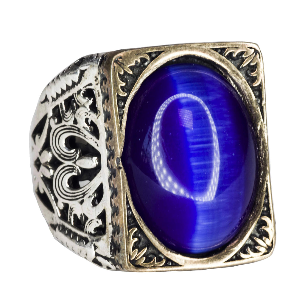 KAMBO Men's Silver Ring with Blue Cat's Eye Stone, Vintage Eagle Claw Design