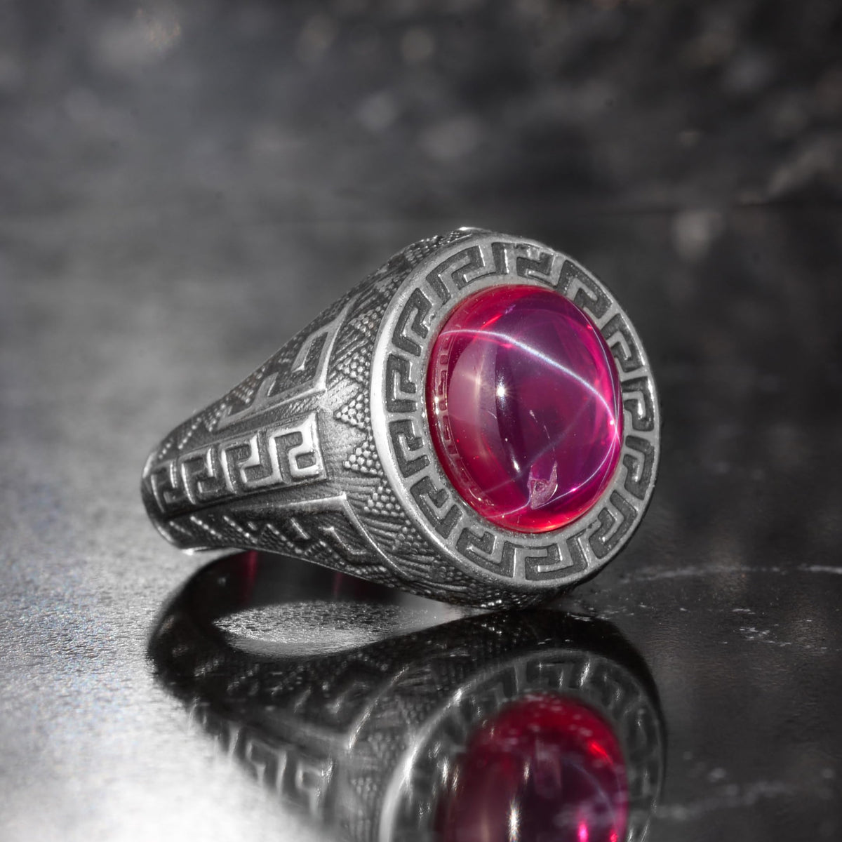 KAMBO Natural Star Ruby Stone Ring for Men - 925 Sterling Silver, Greek Key Pattern Seal Ring, Handmade Asterism Ruby — 3
