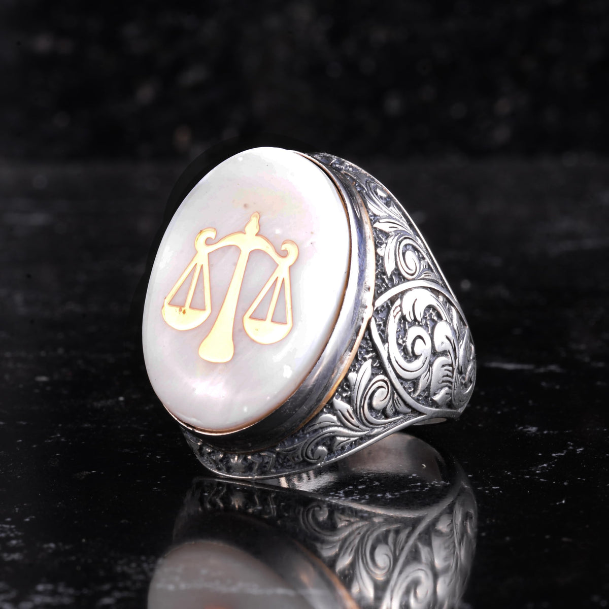 KAMBO Mother of Pearl Large Men's Ring - 925 Sterling Silver Ottoman Empire Symbol Ring - Large Oval Handmade Statement Ring (Justice Scale Mother of Pearl) — 3