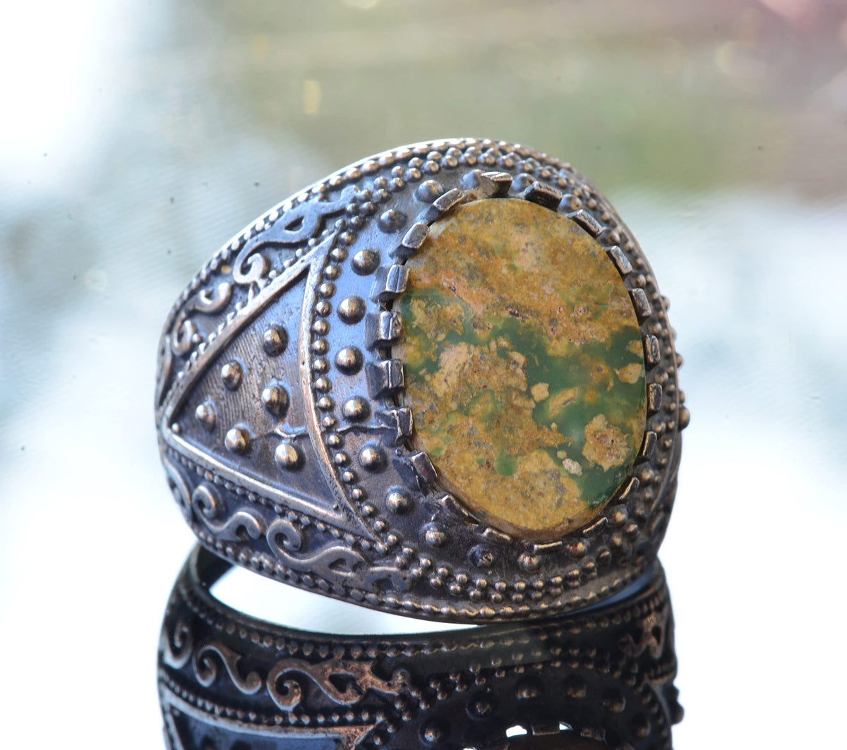 Natural Arizona Turquoise Stone Ring, Byzantine Ring, Silver Ring — 3