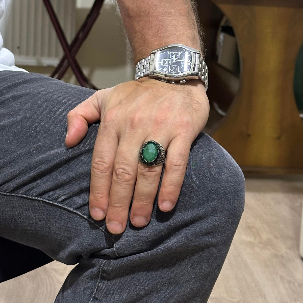 Kambo Exquisite Natural Emerald Gemstone Ring - Luxurious 925 Sterling Silver Handmade Men's Jewelry — 3