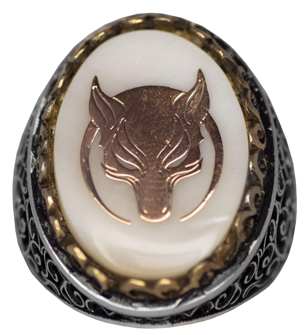 Wolf and Crescent Men's 925 Sterling Silver Ring - Wolf Symbol, Natural Mother of Pearl Stone — 5
