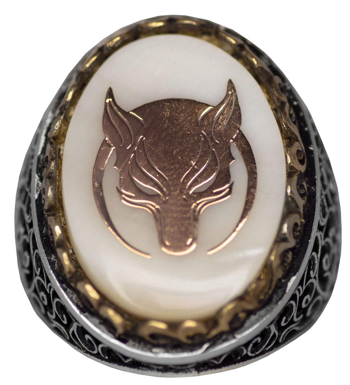 Wolf and Crescent Men's 925 Sterling Silver Ring - Wolf Symbol, Natural Mother of Pearl Stone — 5