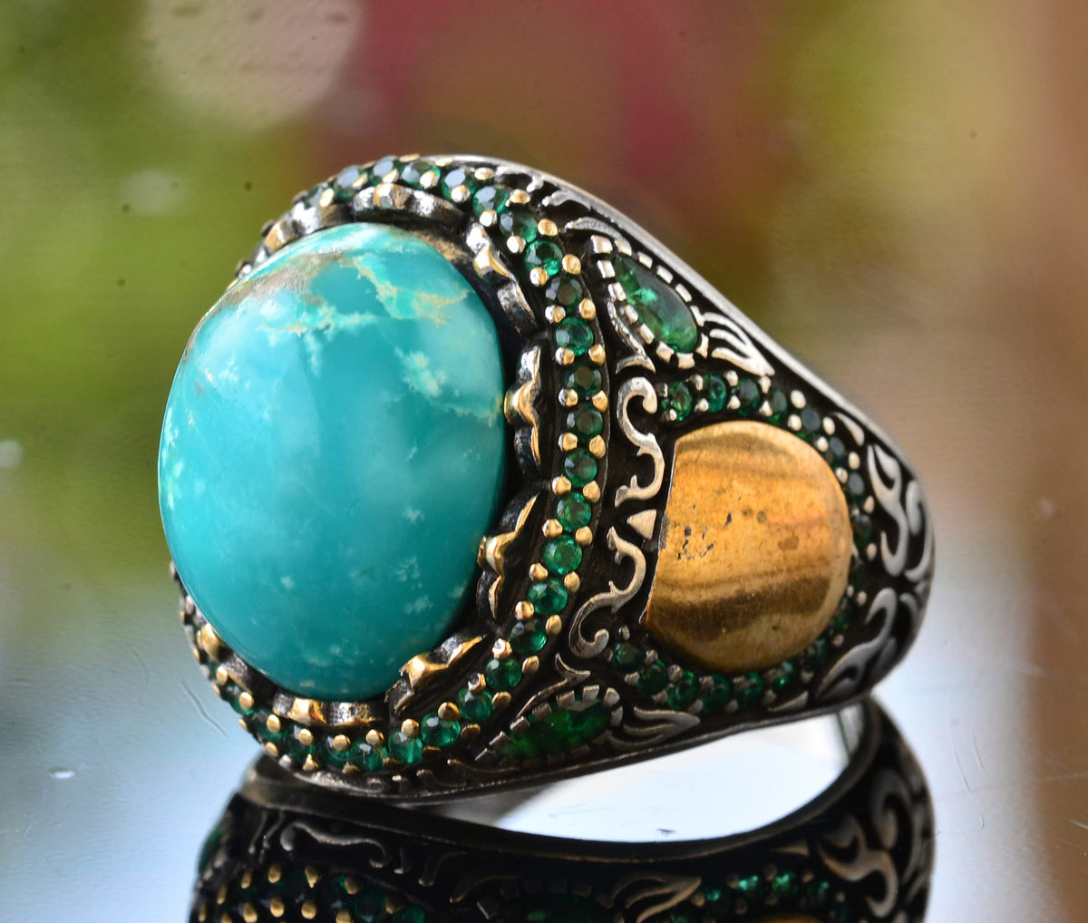 Natural Arizona Turquoise Stone Ring - Minimalist Men's Ring - 925 Sterling Silver — 4