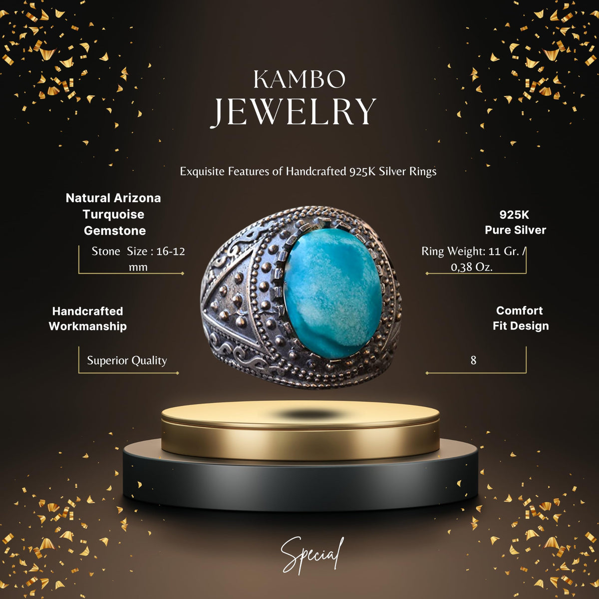 KAMBO Natural Arizona Turquoise Gemstone Ring, Byzantine Ring, Silver Ring (Style-1) — 2