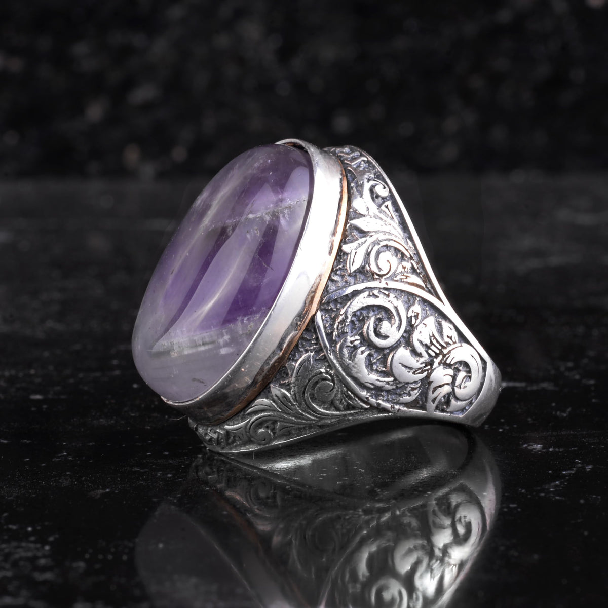 KAMBO Natural Amethyst Stone Large Ring for Men - Oval Purple Vintage Engraved Statement Ring - 925 Sterling Silver Handmade Men's Jewelry — 3
