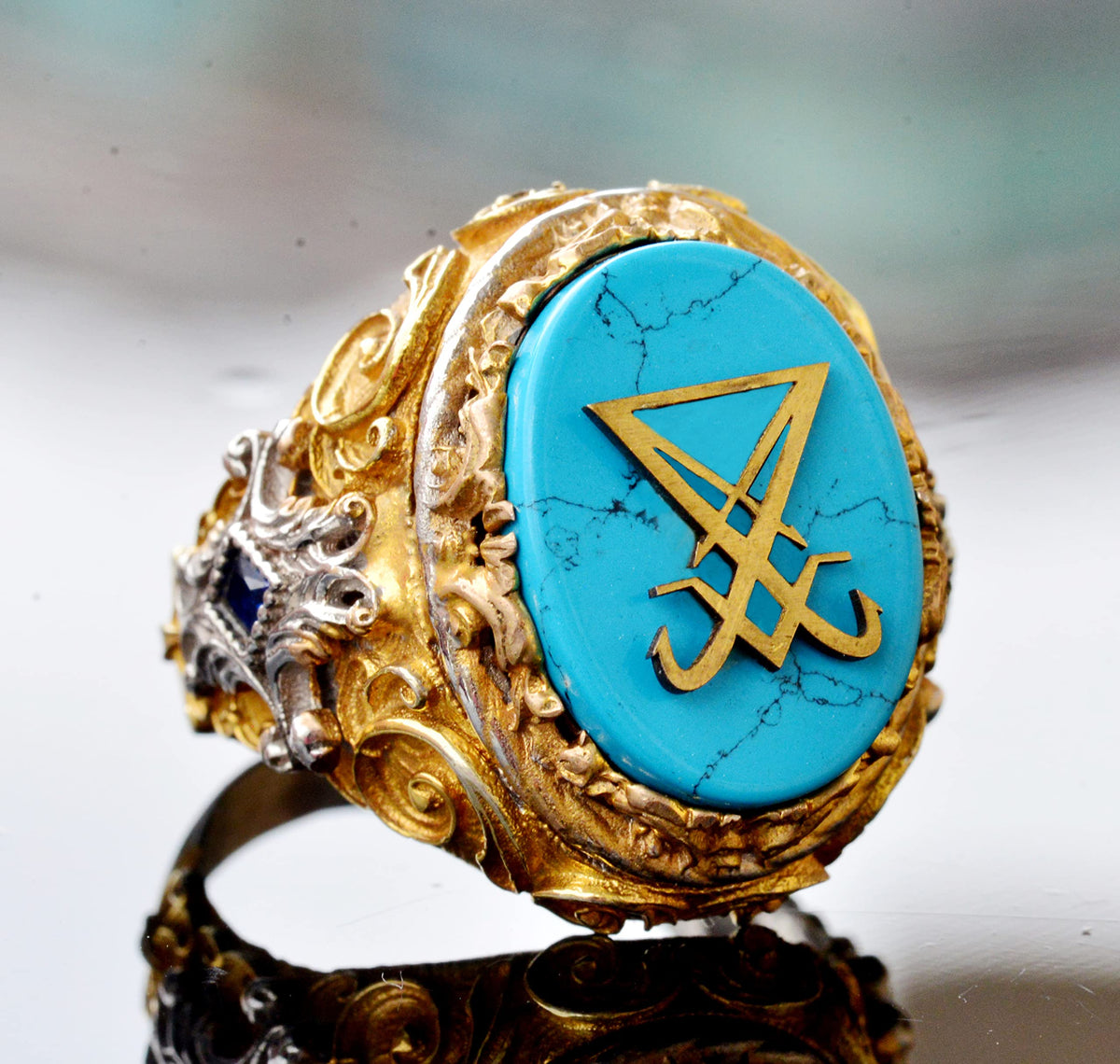 Handcrafted 925 Sterling Silver Men's Lucifer Ring - Natural Turquoise Stone, Gold Plated, Fine Craftsmanship King Seal Design — 3