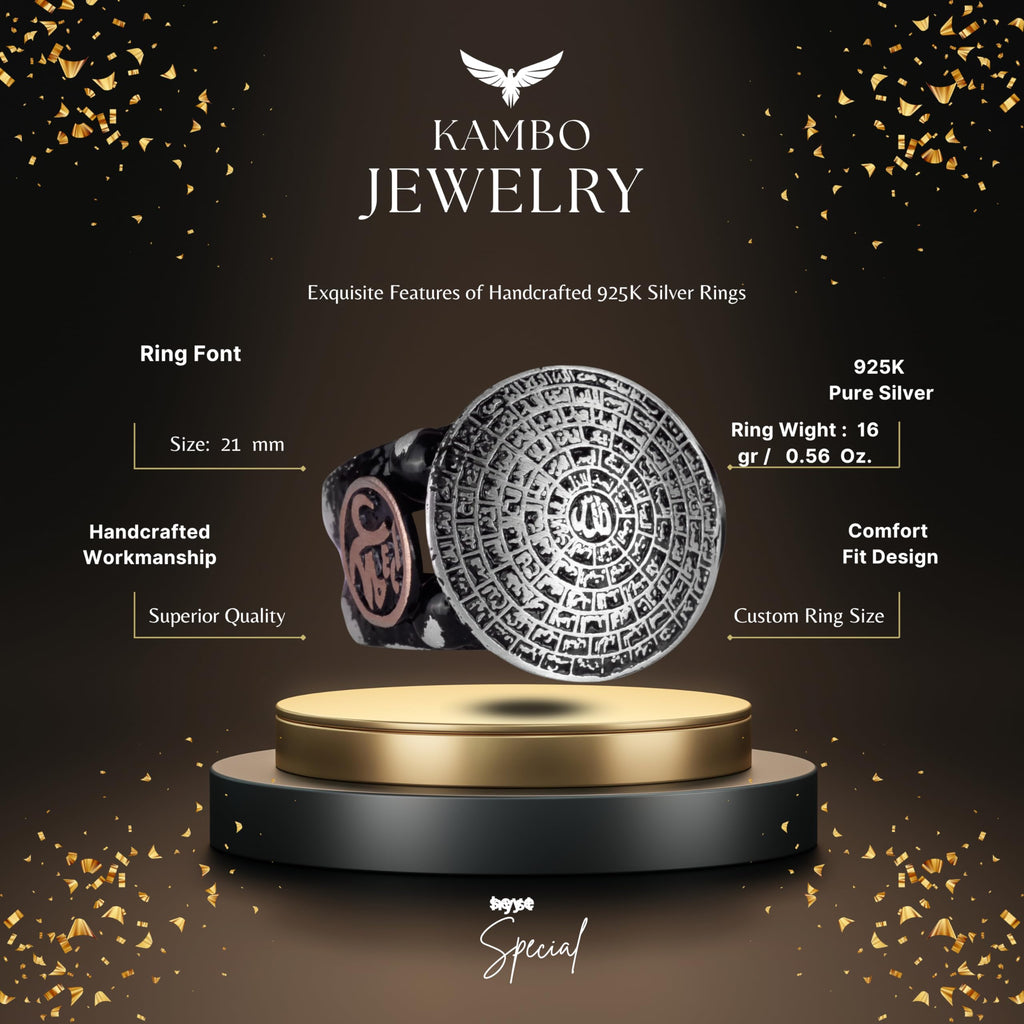 Falcon Jewelry KAMBO 925 Sterling Silver Men’s Ring Handmade Islamic Esmaul Husna Arabic Vintage Statement Ring Wedding 
