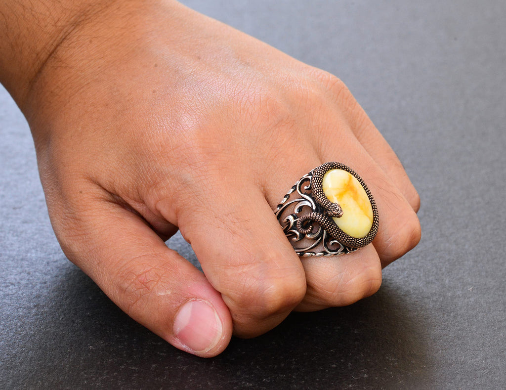 925 Sterling Silver Men's Ring - Handcrafted Elegance with Yellow Wood Stone — 7