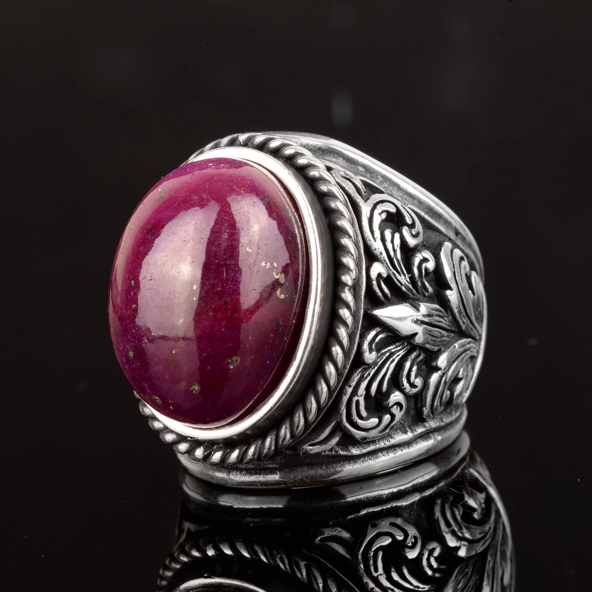 Ruby Ring with Natural Ruby Stone, Silver Men's Ring - Lily Model — 4