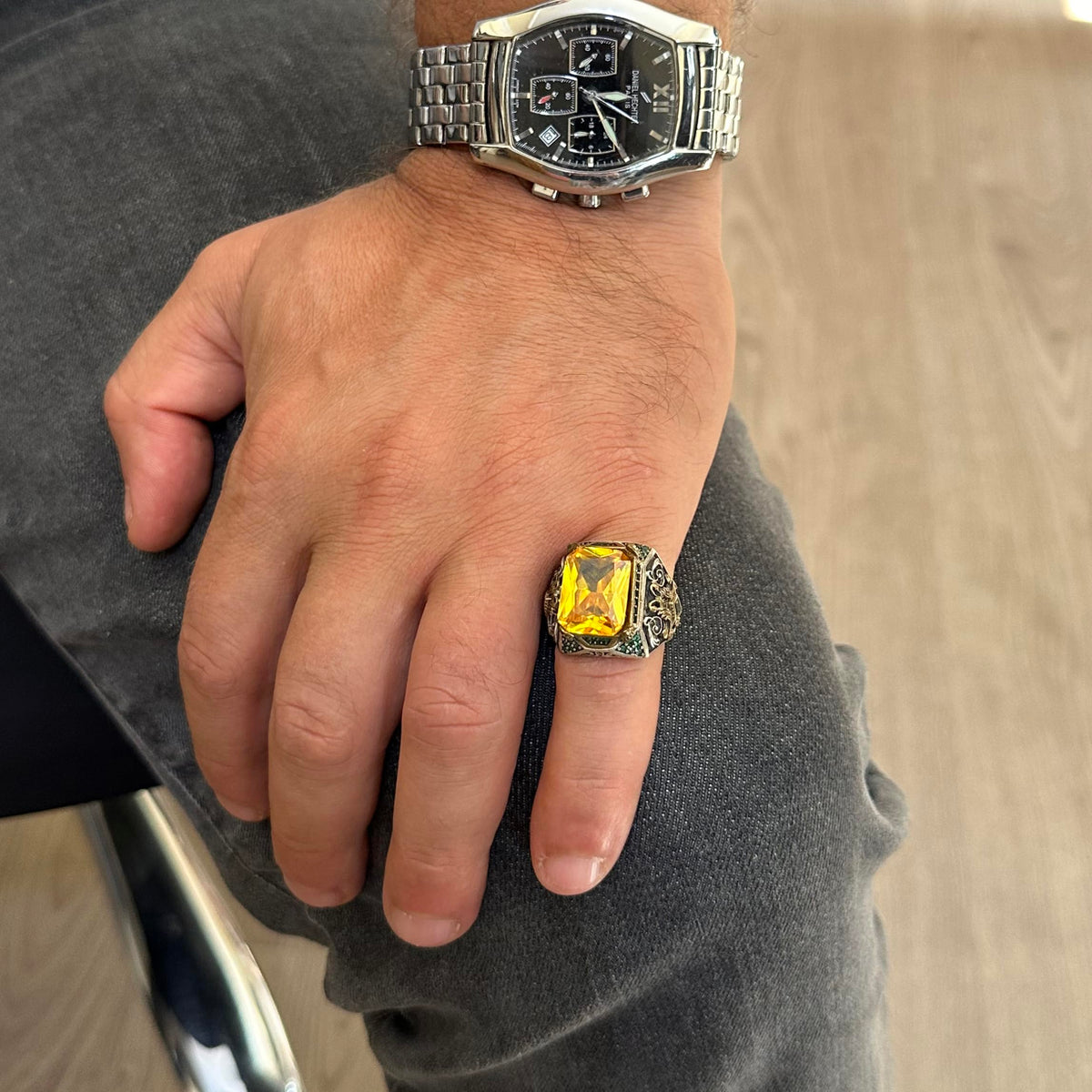 Silver Men's Ring - Artificial Citrine Stone - Vintage Design - Handmade Ring — 3