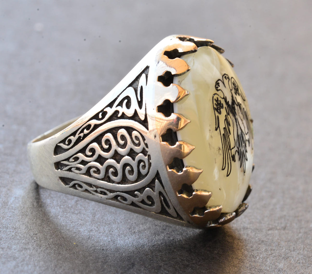 Silver Ring - Natural Pearl Stone and Double-Headed Eagle Design — 4