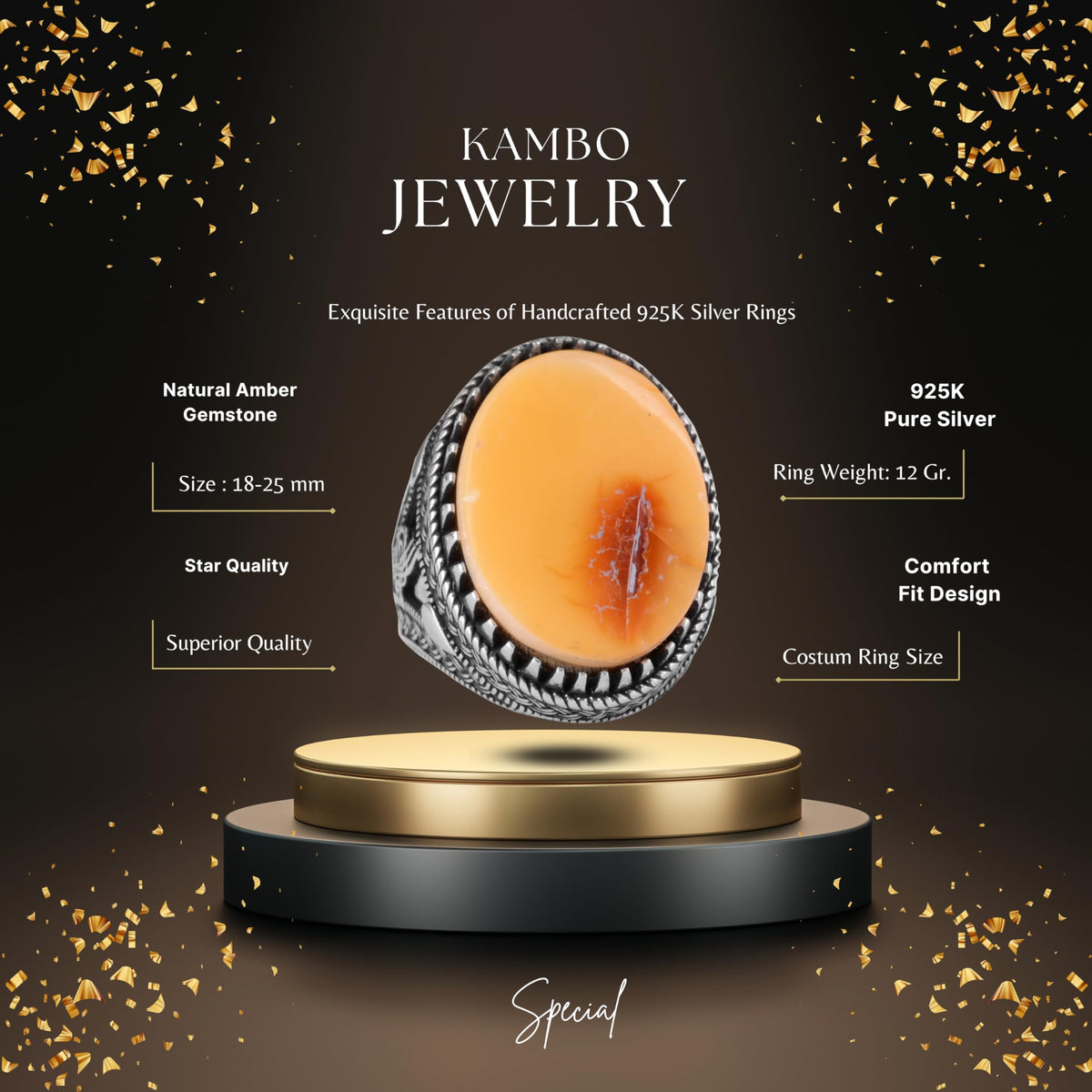 KAMBO Ottoman Tugra Design Natural Amber Stone Ring - 925 Sterling Silver Handmade (Model-3) — 2