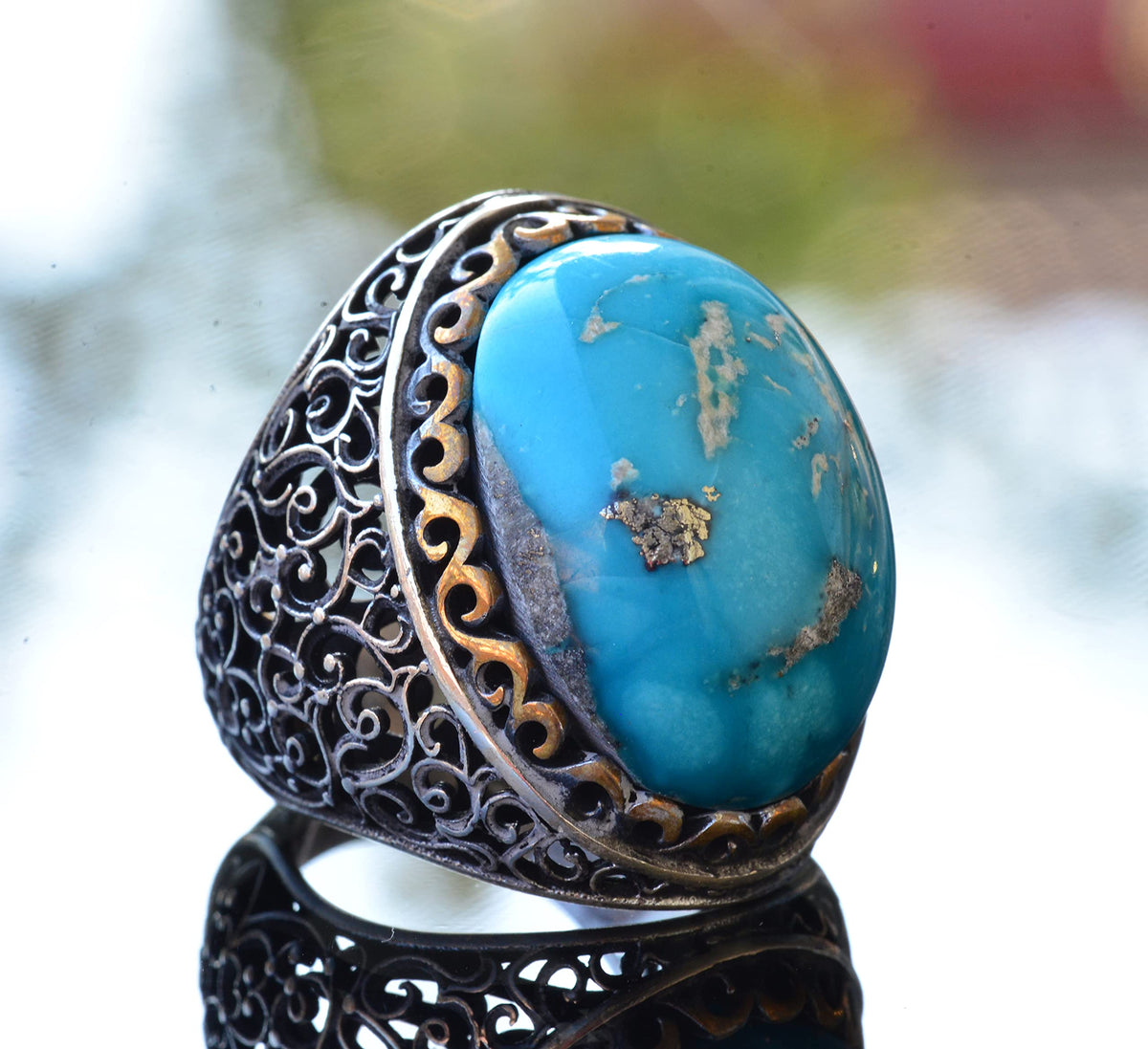 Natural Arizona Turquoise Stone Ring, 925 Sterling Silver Men's Ring (Model-3) — 3