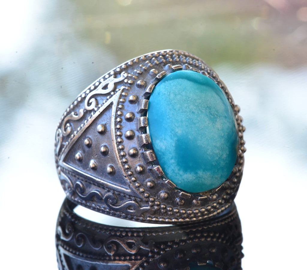 KAMBO Natural Arizona Turquoise Gemstone Ring, Byzantine Ring, Silver Ring (Style-1) — 3
