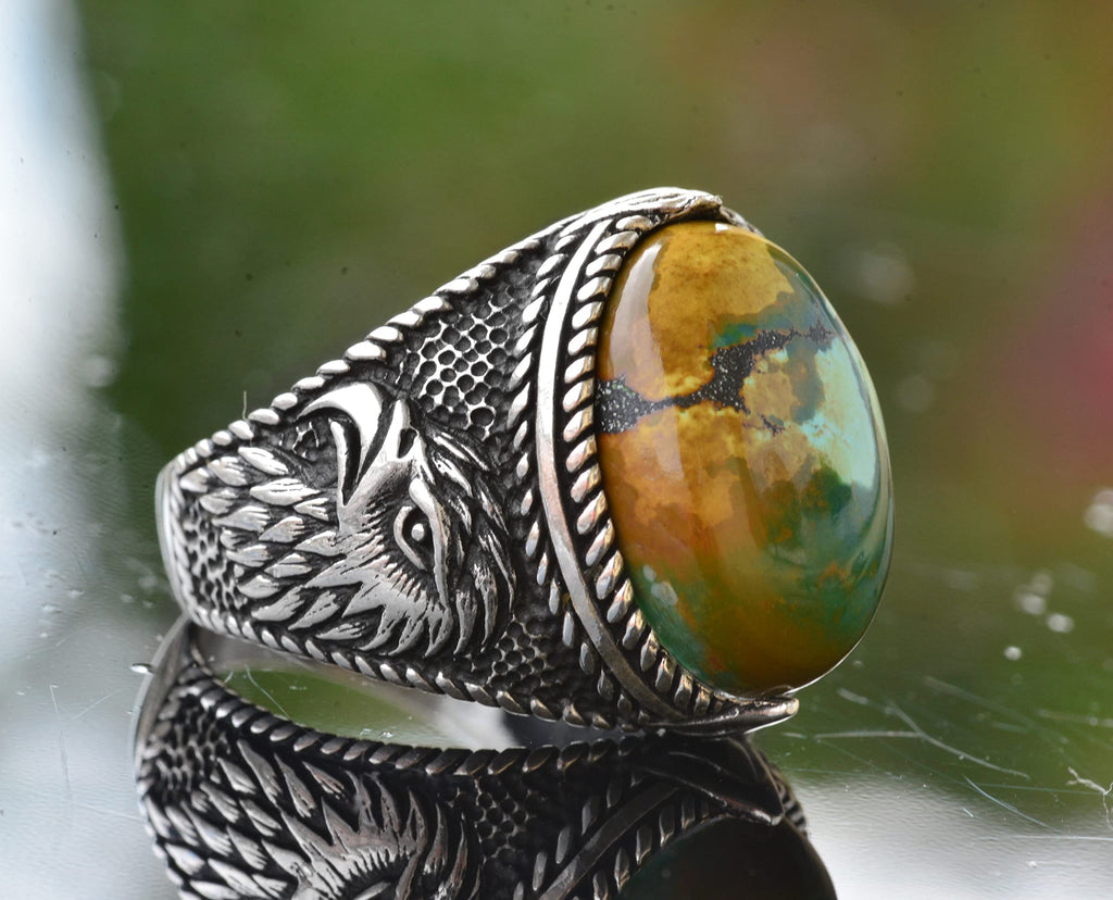 Natural Arizona Turquoise Stone Ring - 925 Sterling Silver Men's Eagle Ring, Suitable for Daily and Special Occasions (Model-3) — 4