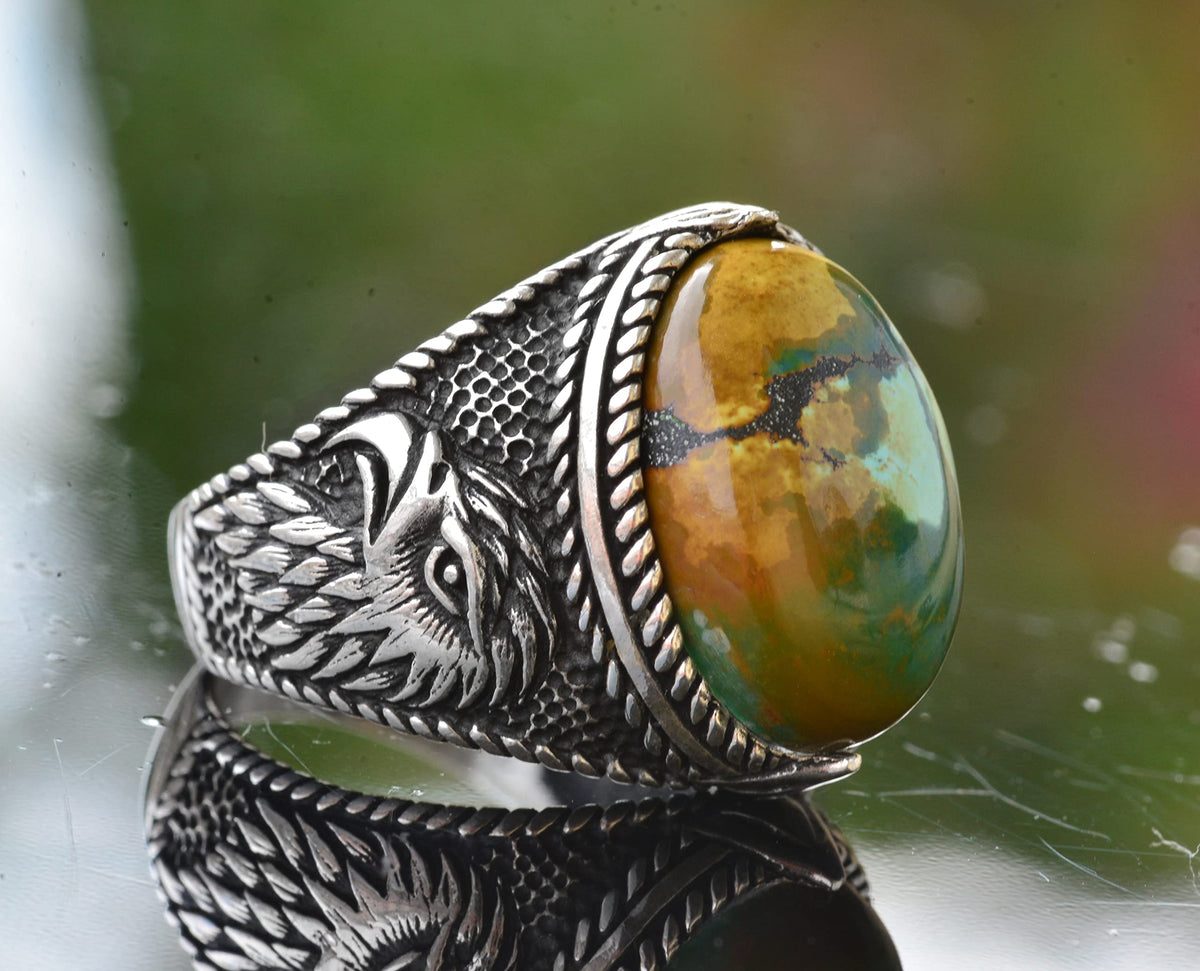Natural Arizona Turquoise Stone Ring - 925 Sterling Silver Men's Eagle Ring, Suitable for Daily and Special Occasions (Model-3) — 4