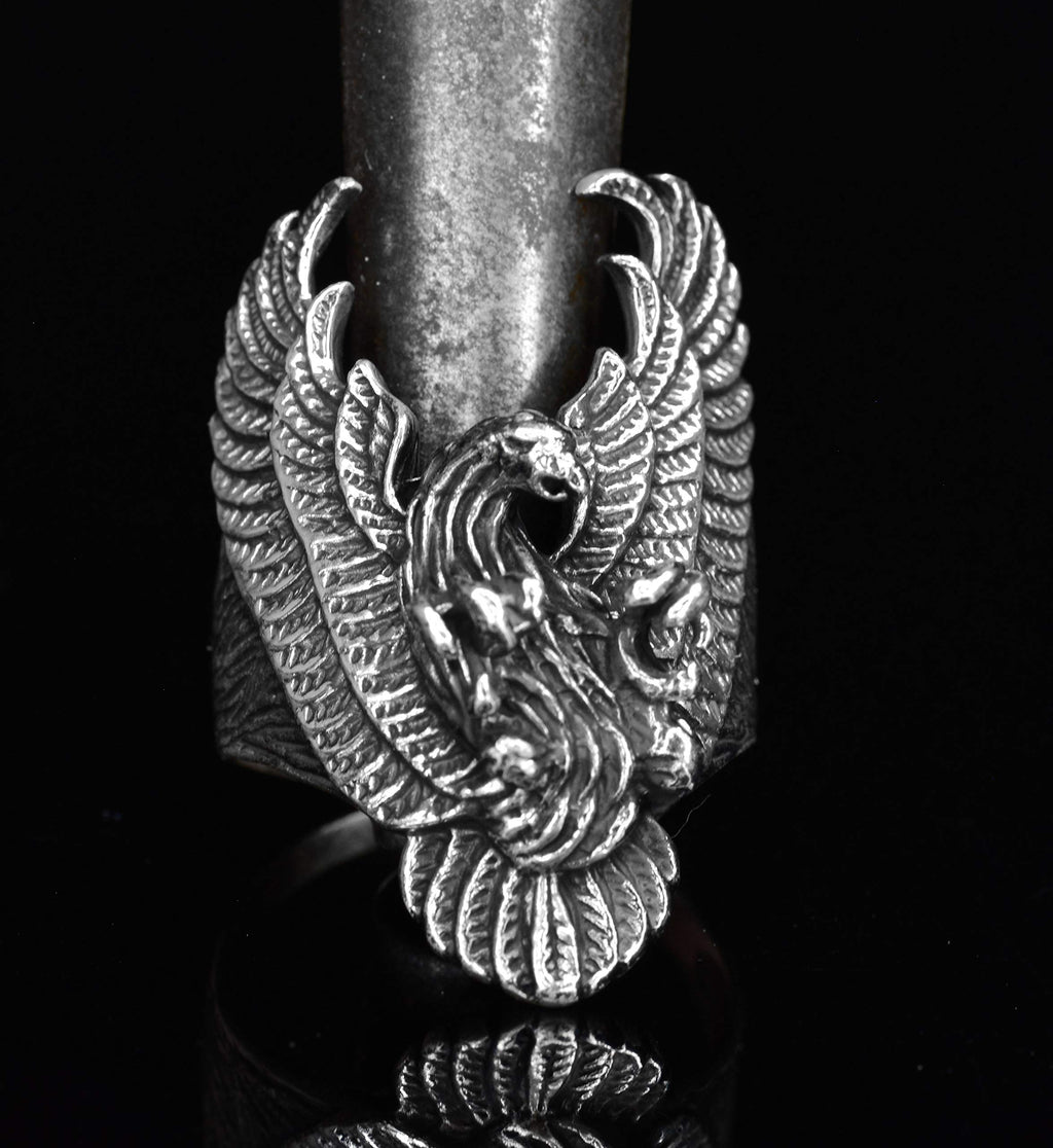 Large and Heavy Silver Biker Ring - Phoenix and Skull Design — 6
