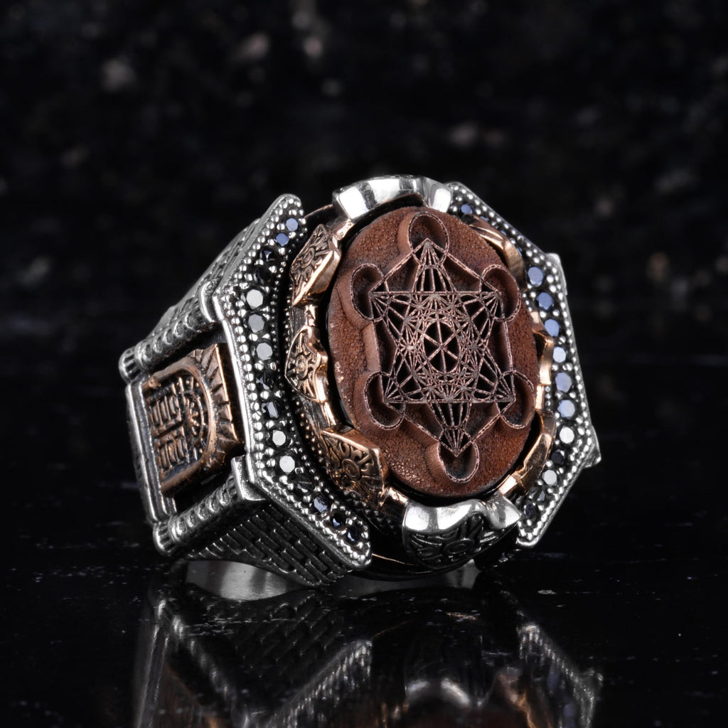 KAMBO Large Men's 925 Sterling Silver Ring Figure – Bronze Detail – Carved Statement Ring (Metatron) — 6