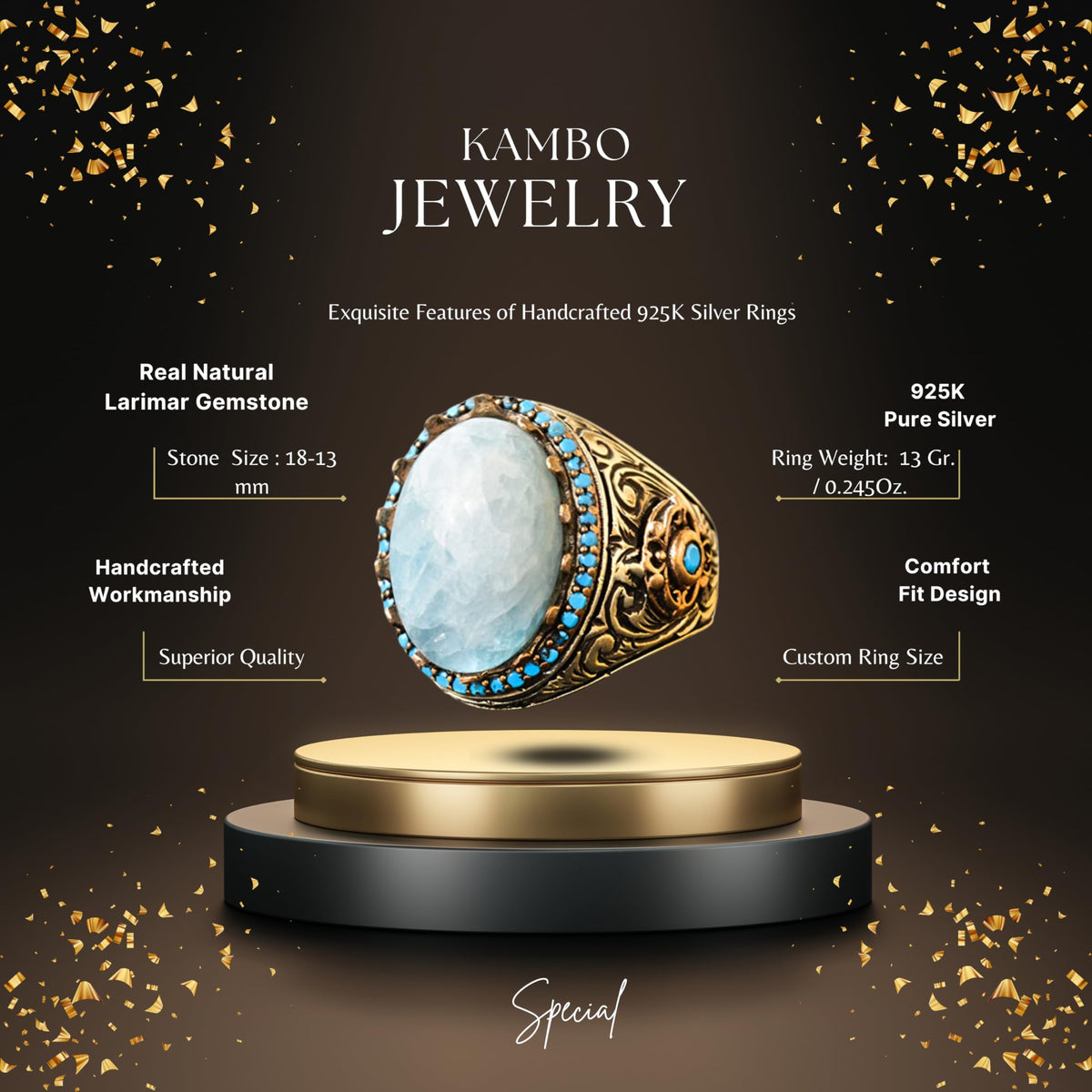 KAMBO Handmade 925 Sterling Silver Larimar Gemstone King Ring for Men, Vintage Art Deco Statement Jewelry, Natural Blue 
