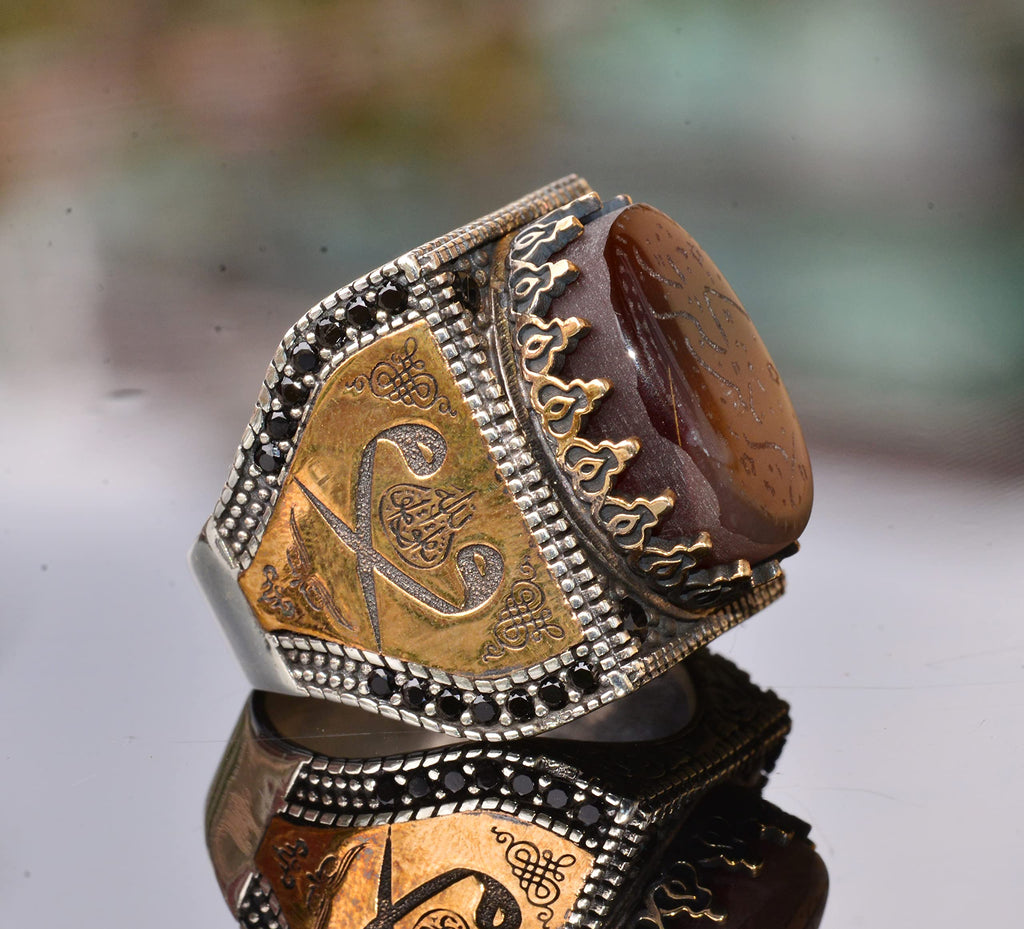 KAMBO Natural Agate Gemstone Ring for Men, Handmade 925 Sterling Silver Islamic Arabic Art Deco Design, Vintage Statemen