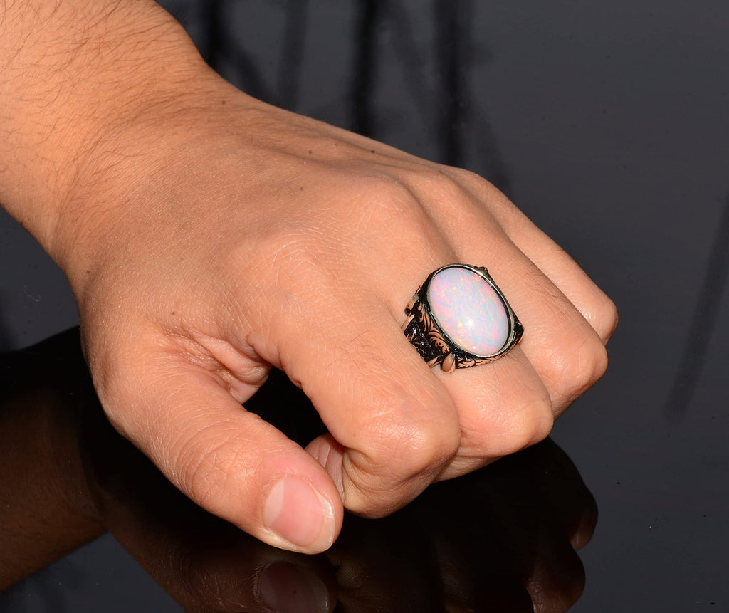 Real Natural Australian Opal Stone Silver Ring - 7.65 Carat, Vintage Ring — 7