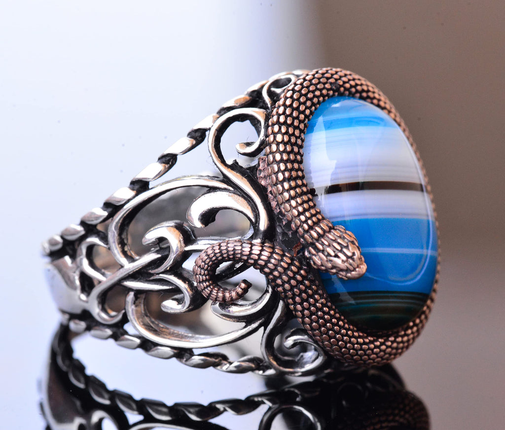 925 Sterling Silver Men's Ring - Blue Agate Stone — 4