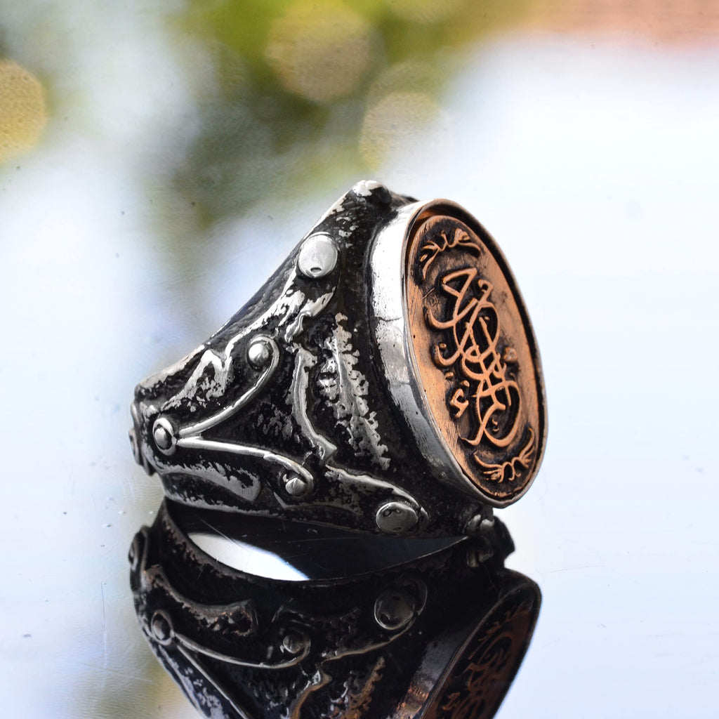 KAMBO Handmade 925 Sterling Silver Men's Ring with Oval Copper Inlay and Islamic Calligraphy Design, Vintage Statement J
