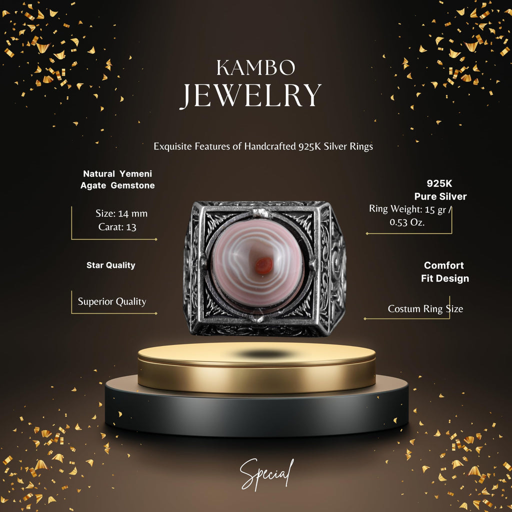 KAMBO Natural Round Stone Square Men's Ring 925 Sterling Silver – Ottoman Pattern Handmade Stone Ring (Yemen Agate) — 2