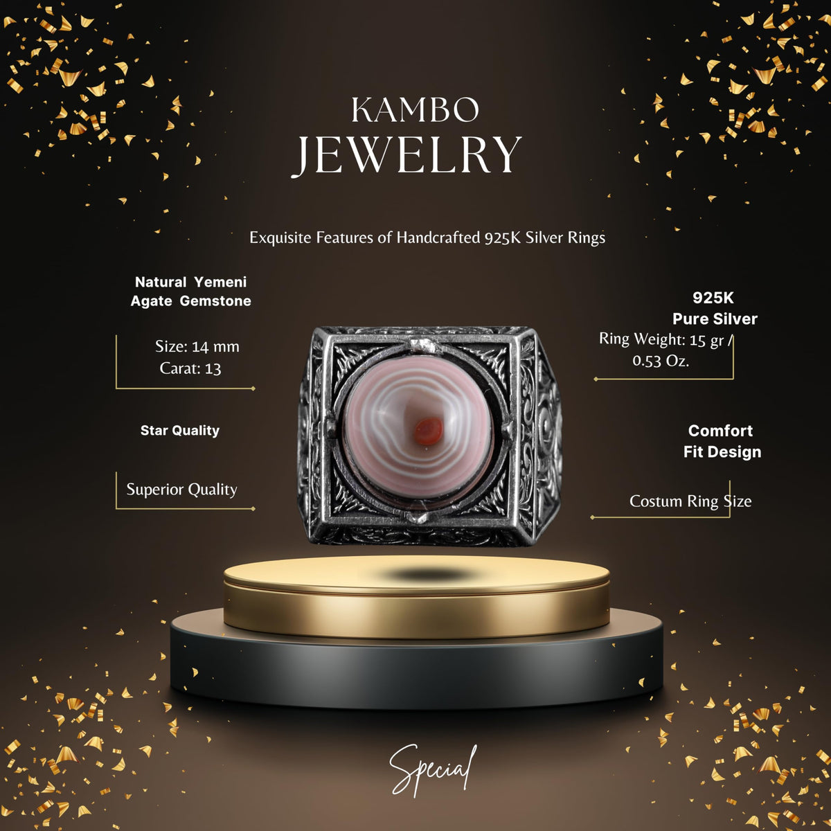 KAMBO Natural Round Stone Square Men's Ring 925 Sterling Silver – Ottoman Pattern Handmade Stone Ring (Yemen Agate) — 2