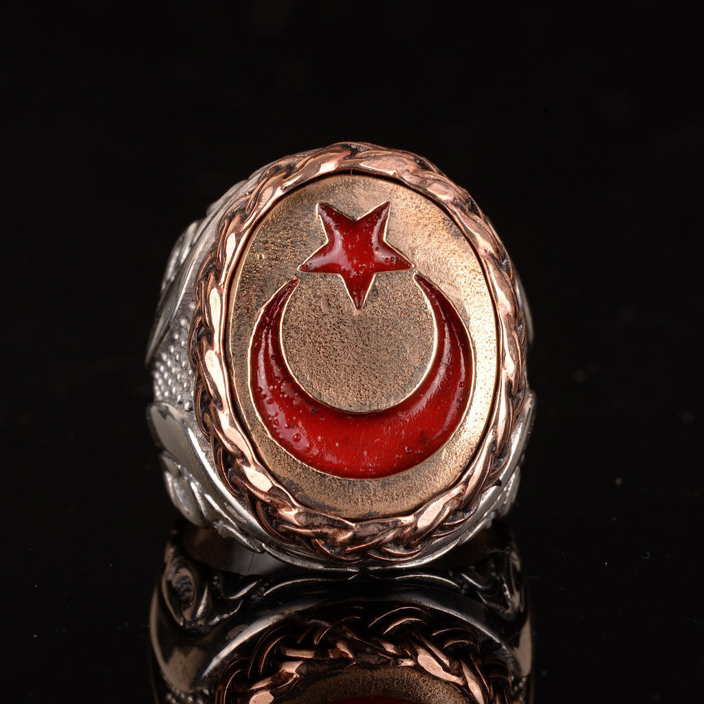 925 Sterling Silver Men's Ring, Ottoman Style Turkish Ring, Bronze Crescent and Star Stone Design — 5