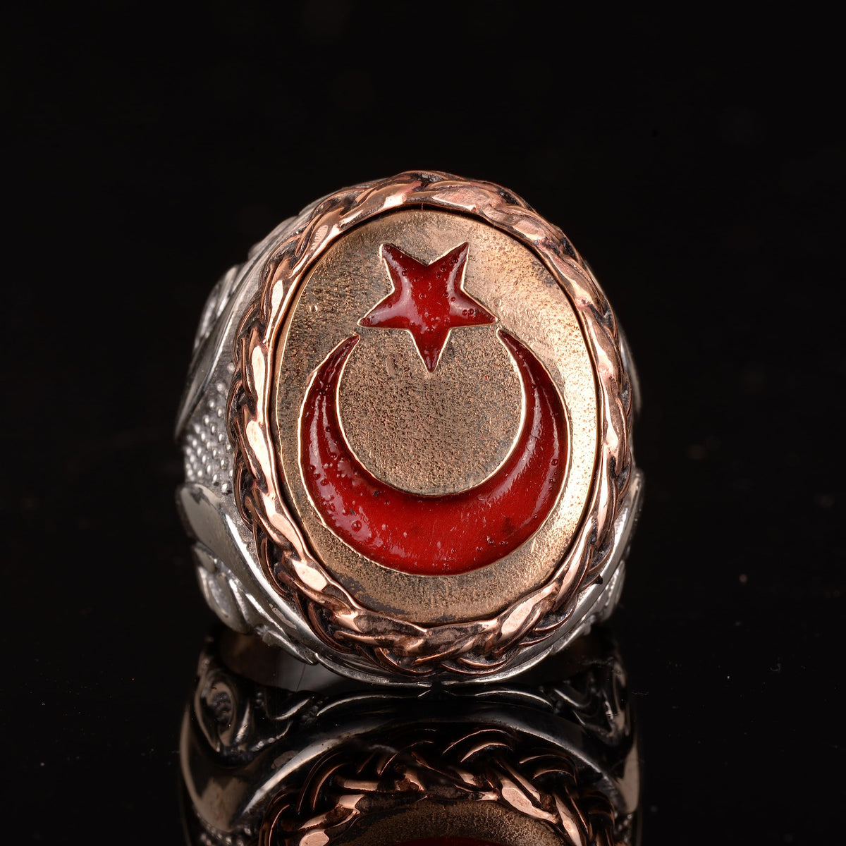 925 Sterling Silver Men's Ring, Ottoman Style Turkish Ring, Bronze Crescent and Star Stone Design — 5