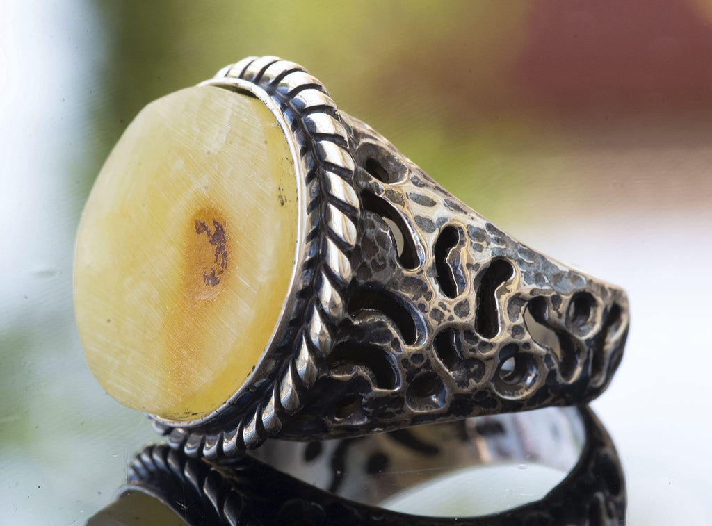 Natural Baltic Amber Stone Ring - 925 Sterling Silver Men's Ring — 4