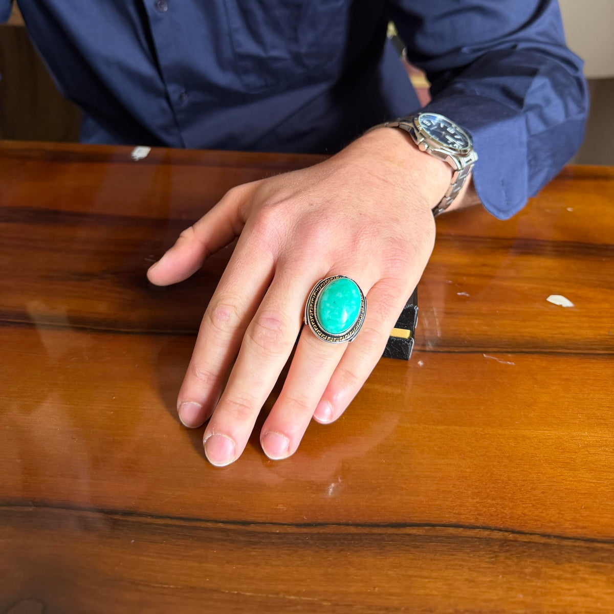 KAMBO Men's Genuine Natural Stone Ring – 925 Sterling Silver Large Statement Ring – Handmade Vintage Design – Dark Silver Ring (Amazonite) — 3