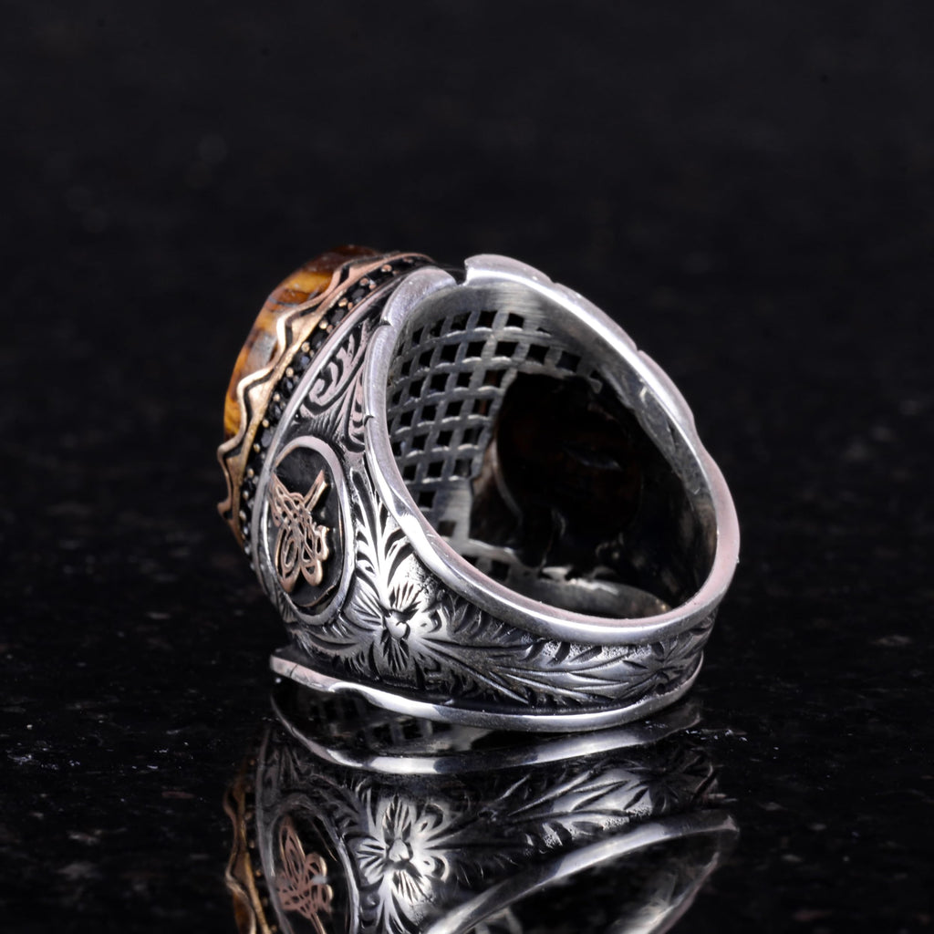 Ottoman Tugra Silver Ring, Natural Stone Ring, 925 Sterling Silver Men's Ring (Tiger Eye) — 6