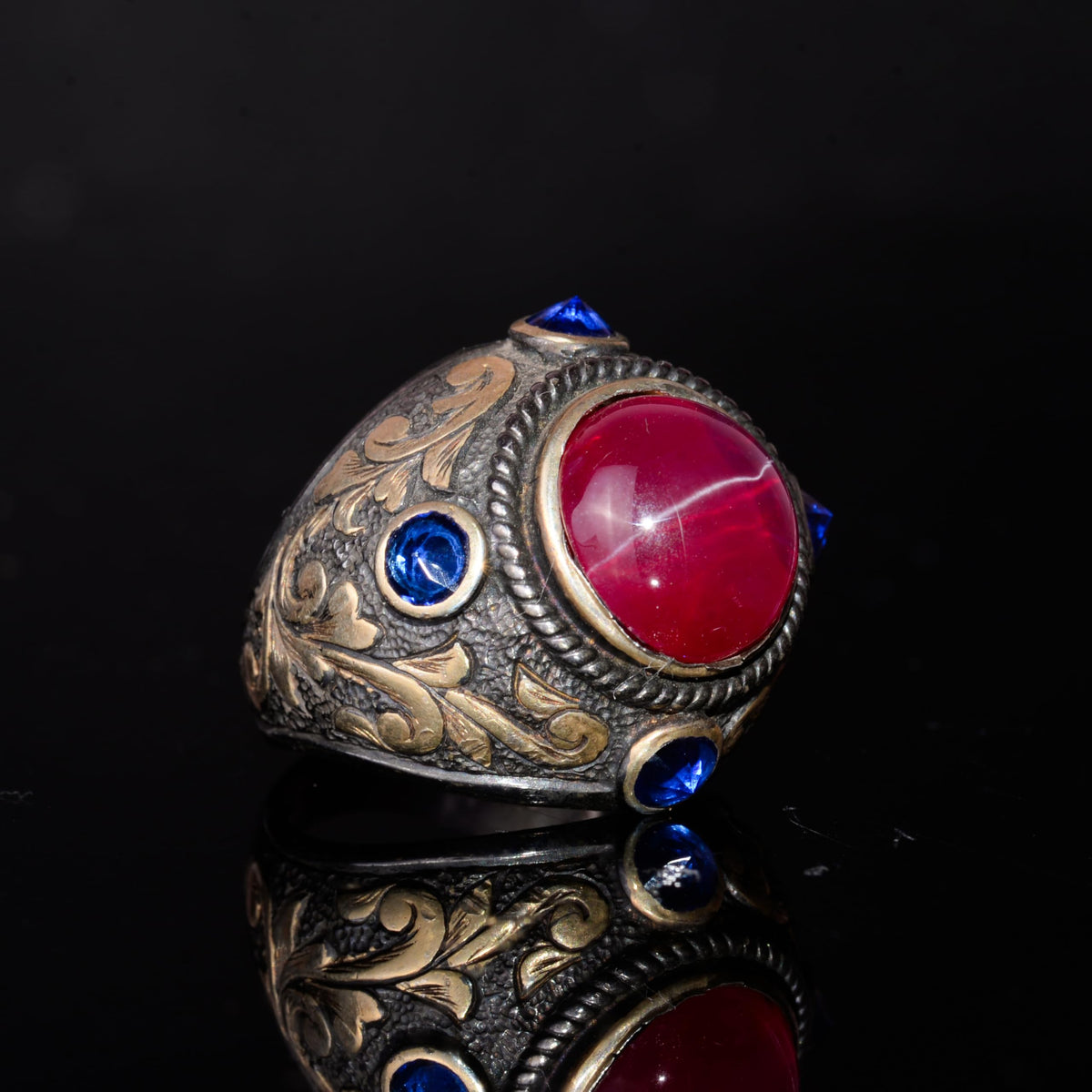 KAMBO Natural Star Ruby Stone Ring – 925 Sterling Silver Gold Plated Handmade Men's Ring – Round Stone Statement Jewelry — 6