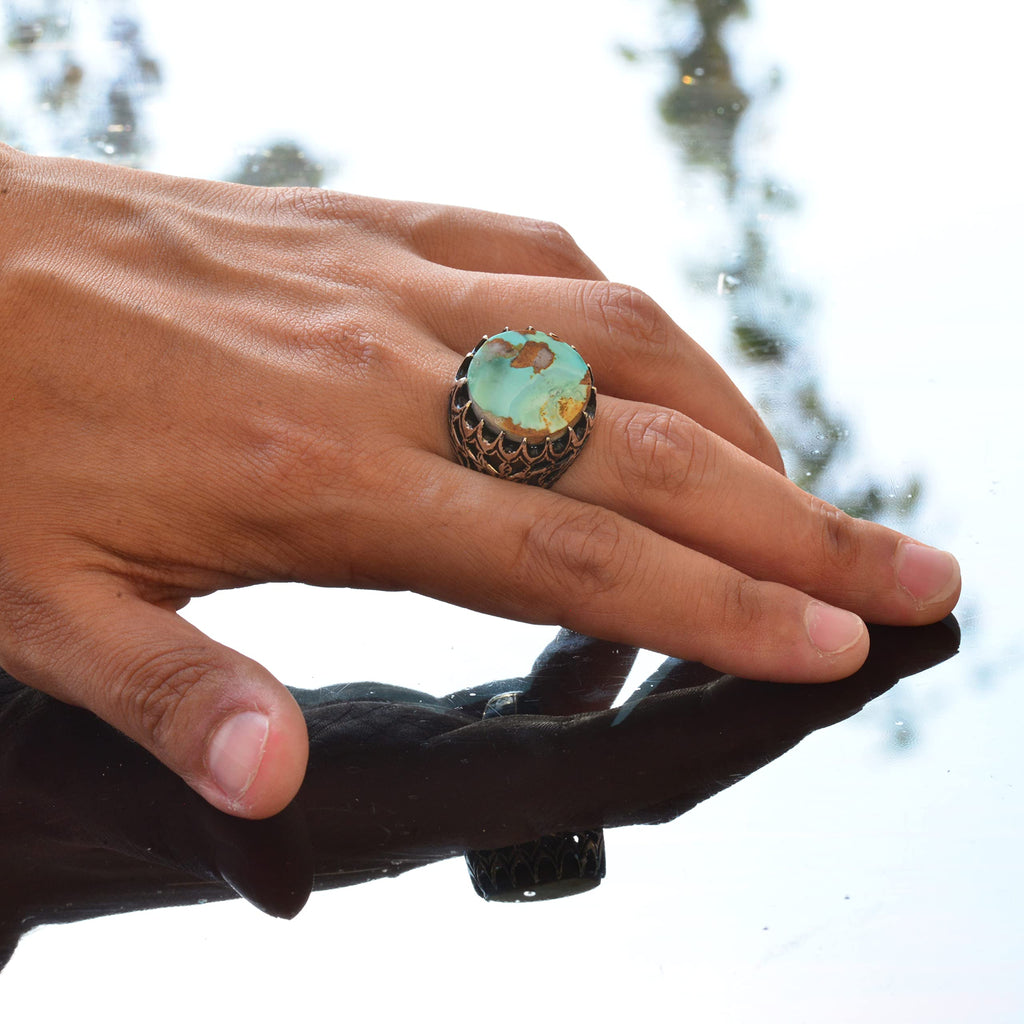 Natural Turquoise Stone Ring, Artistic Design - 925 Sterling Silver Men's Ring, Handmade Elegance — 6