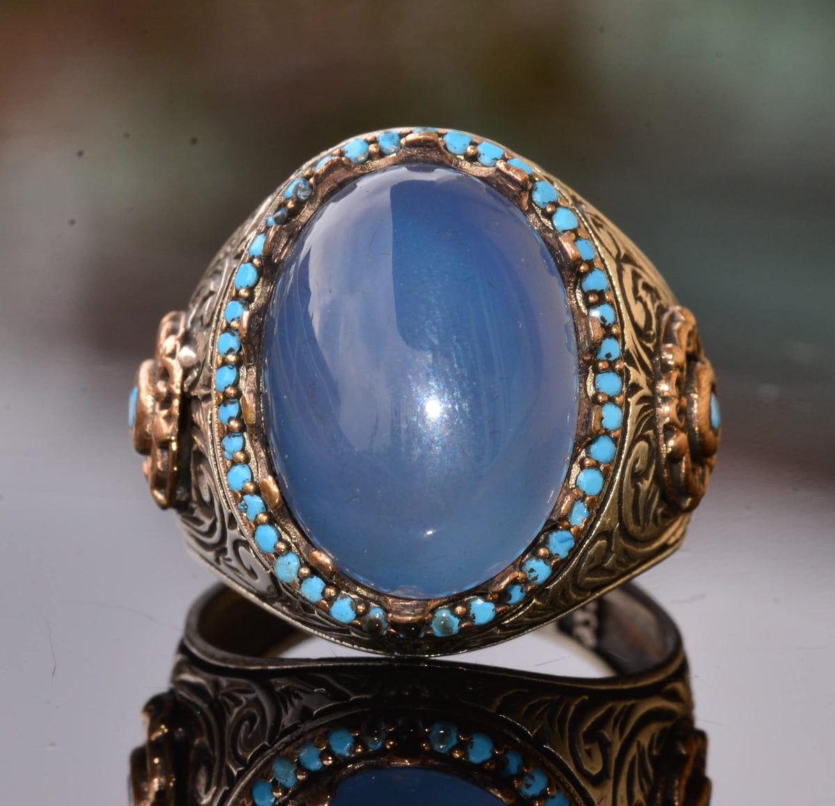 KAMBO Handmade Men's Sterling Silver Ring with Real Natural Chalcedony Gemstone, 11.40 Carat, Vintage Statement Cocktail