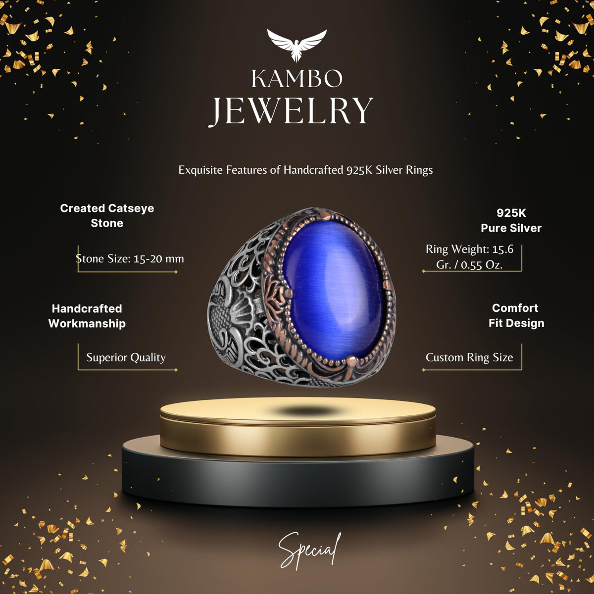 925 Sterling Silver Men's Ring - Blue Cat's Eye Stone Ring - Men's Ring — 2